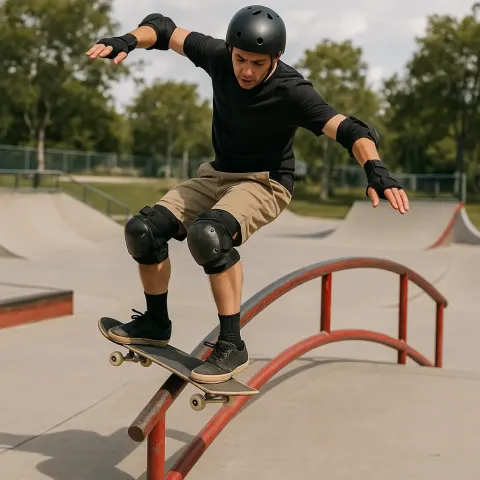 Skater Wearing Protective Gear Performing a Trick on a Curved