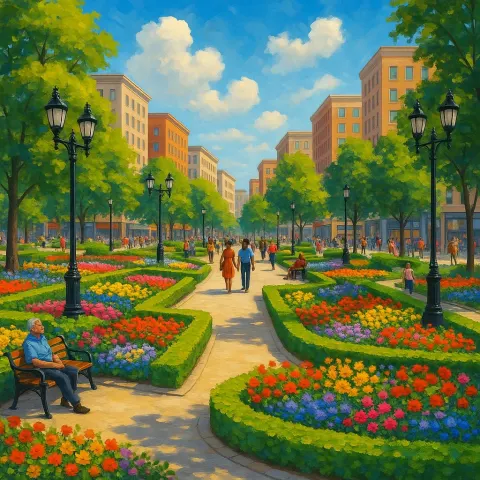 Vibrant City Park with Neatly Trimmed Gardens