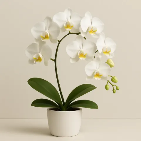 White Orchid with Multiple Blooms in a White Ceramic Pot