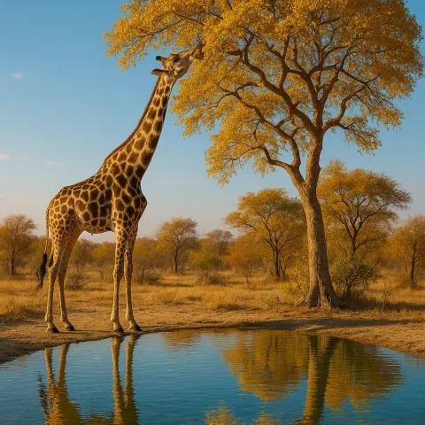 Towering Giraffe Stands Beside a Shimmering Waterhole