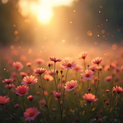 Ethereal Summer Flowers in a Misty Golden Field