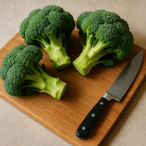 Three Lively Green Broccolis Placed on a Wooden Chopping Board