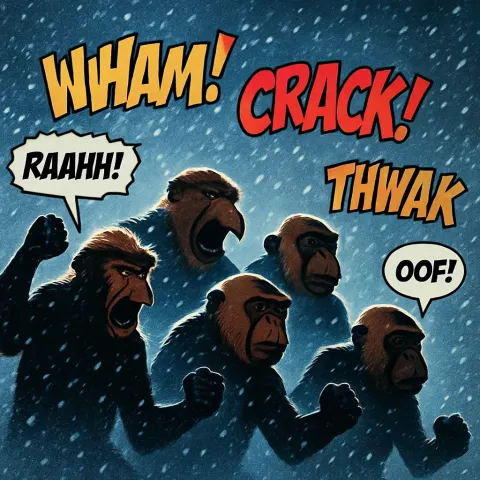 Diverse Proboscis Monkeys in Dramatic Comic Action with Onomatopoeia