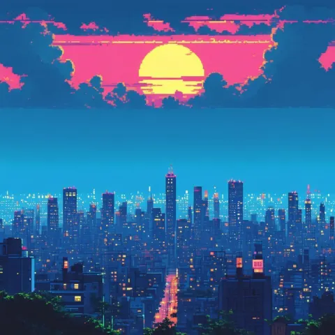 Pixel Sunset Blazing Over the City Skyline
