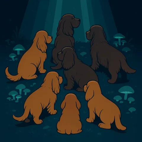 Around Six Sussex Spaniels—one a Rich Golden Liver