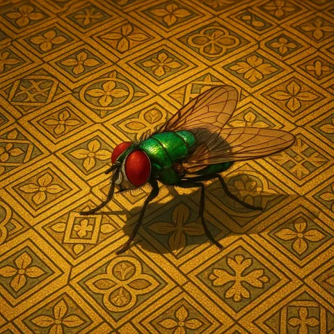 Single Metallic Green Fly with Large Red Compound Eyes