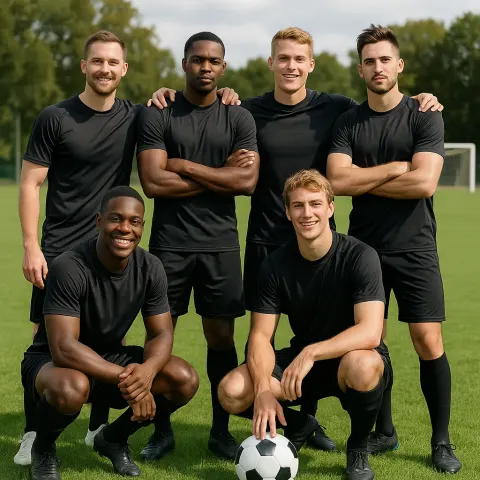 Group of Seven Soccer Players Wearing Black Athletic Attire Posing