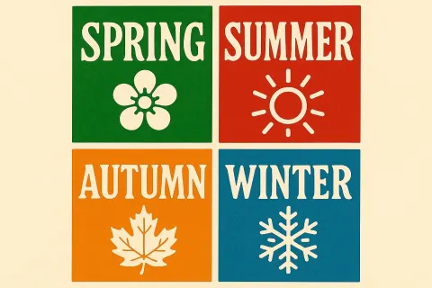 Poster Featuring Four Seasonal Designs Labeled Spring (green), Summer (red)