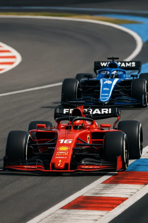 Red Ferrari Formula 1 Car Leads on a Racetrack