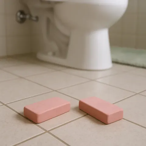 On the Tiled Floor Beside a Gleaming White Ceramic Toilet