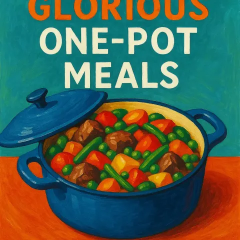 Colorful Cookbook Cover Featuring a Dish of Vegetables and Meat