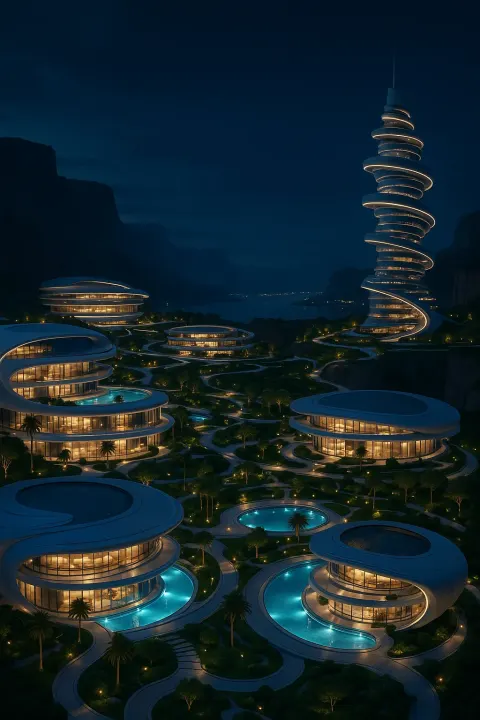 Futuristic Resort City Illuminated at Night