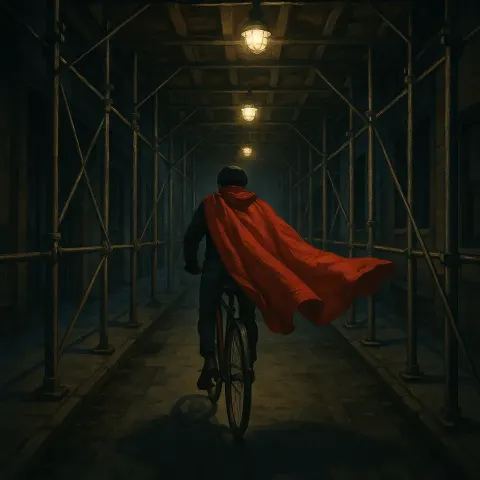 Cyclist Wearing a Red Cape Rides Through a Dimly Lit