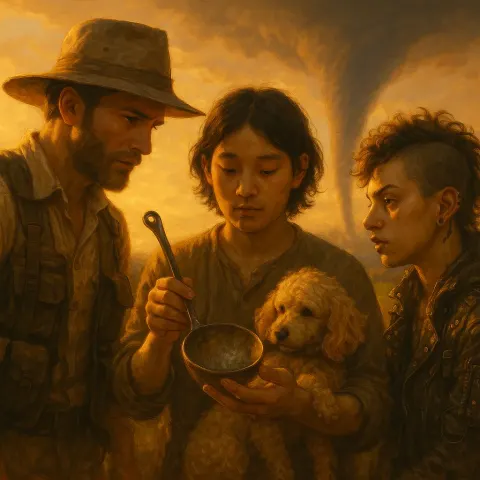 Linen-clad Explorer in a Tactical Vest and a Curly-haired