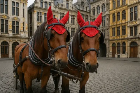 Two Horses Wearing Red Ear Covers Are Harnessed Together
