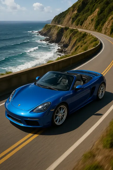 Shiny Blue Convertible Sports Car Cruises Effortlessly Along a Curving