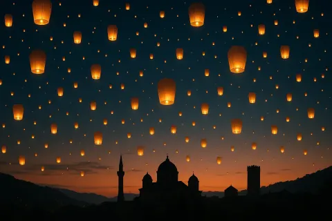 Countless Glowing Lanterns Drift Serenely into the Twilight Sky