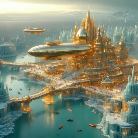 Golden Airship City Above an Icy Metropolis