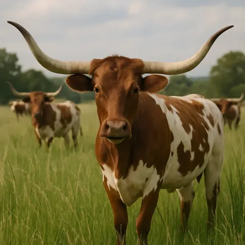 Long-horned Brown and White Cow Standing in Tall Green Grass