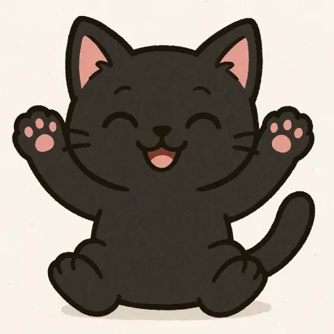 Cute Black Cartoon Cat with Pink Ears and Paws