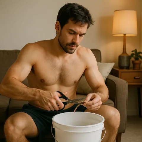 Shirtless Man Sitting on a Couch Uses Scissors to Cut