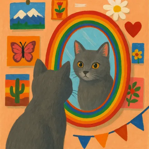 Gray Cat Gazes into a Colorful Mirror Surrounded by Postcards