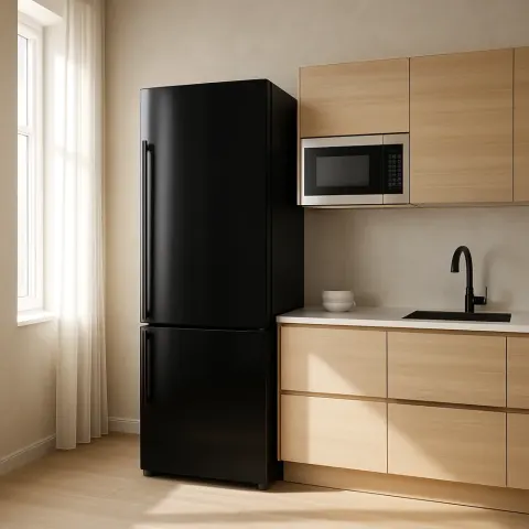 Sleek Black Refrigerator Stands Alongside a Metallic-finished Built-in Microwave