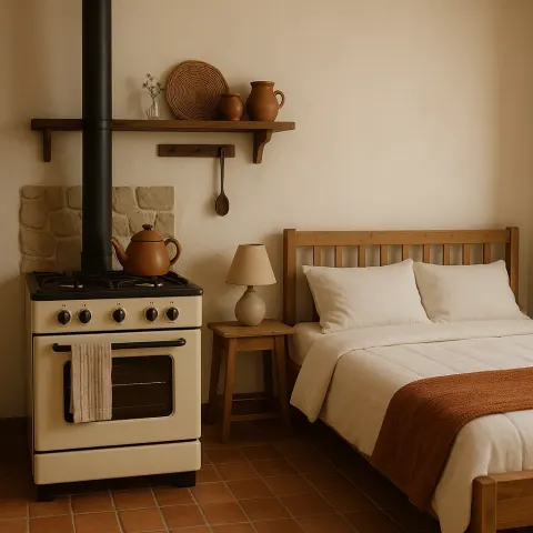 Showcasing a Tidy Bed and a Stove