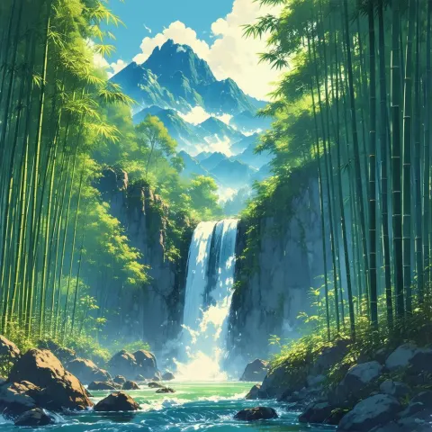 Misty Bamboo Forest Waterfall in Ghibli Morning
