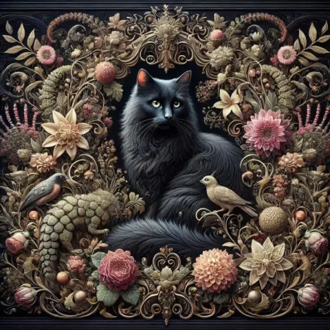 Black Cat with Ornate Floral Surroundings