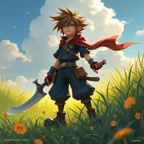 Sora Strikes a Battle Stance in Lush Fields