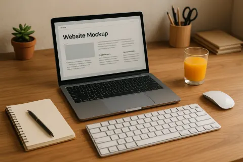 Wooden Desk Setup Featuring an Open Laptop Displaying a Webpage