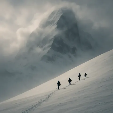 Small Group of Distant Mountaineers Slowly Makes its Way