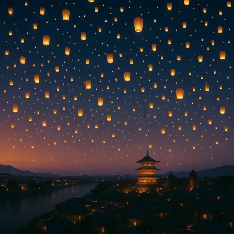Thousands of Glowing Paper Lanterns Ascend into the Twilight Sky