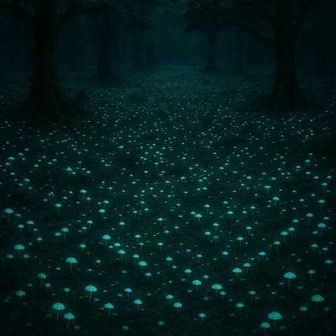 Vast Field of Countless Bioluminescent Fungi Faintly Illuminates an Ancient