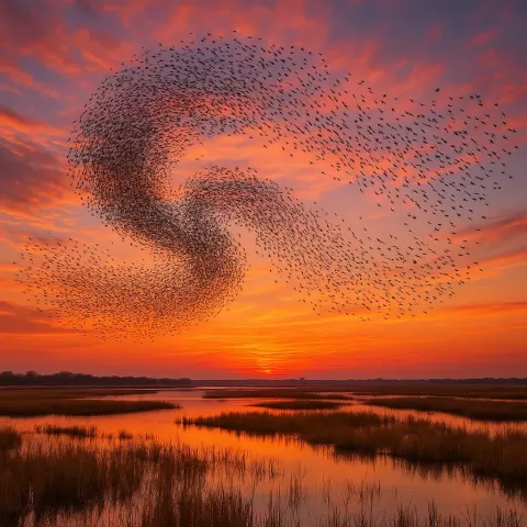 Huge Flock of Birds Creates Dynamic Patterns Against the Vibrant