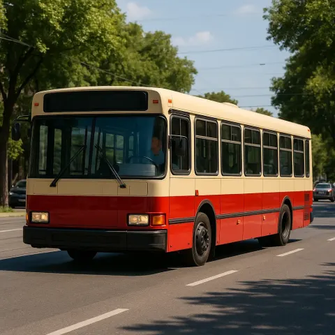 Red and Beige Public Bus Driving on a Sunny Urban