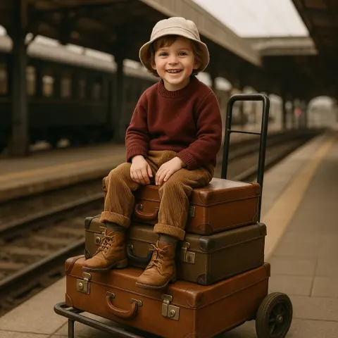 Child Sitting Atop a Stack of Luggage on a Trolley