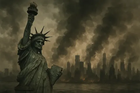 Damaged Statue of Liberty Overlooks