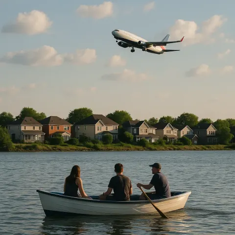 Small Boat with Three People on Water in the Foreground