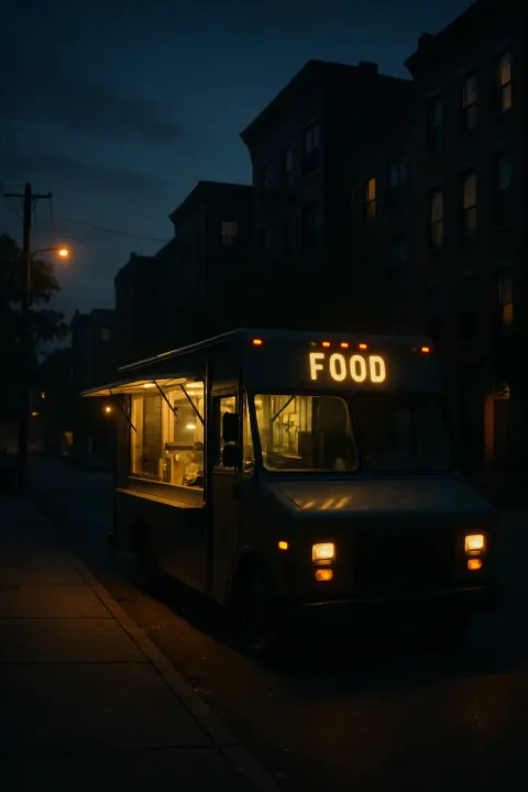 Food Truck Parked on a Dimly Lit Urban Street