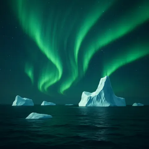 Few Isolated Icebergs Drift Serenely Across a Vast