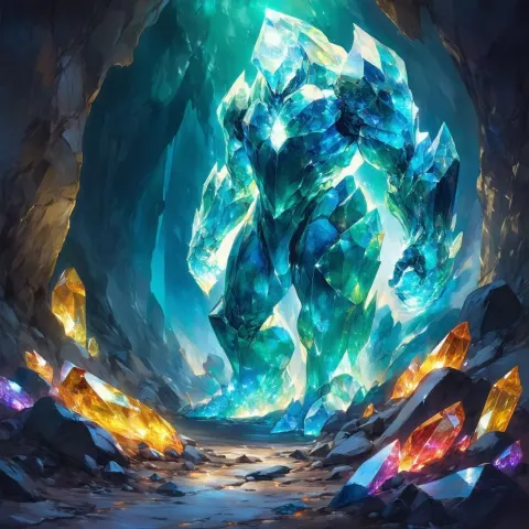 Gemstone Golem Wandering a Crystalline Cavern
