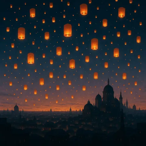 Countless Glowing Lanterns Drift Upwards into the Twilight Sky