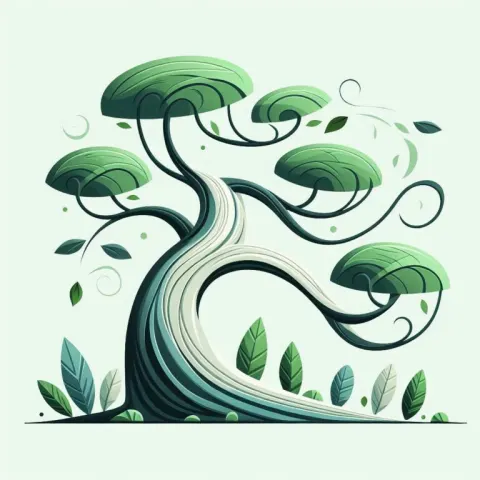 Stylized Tree with Winding Trunk and Leaves