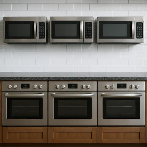 Lifelike Kitchen Scenario Showcasing Three Ovens Alongside Three Microwaves