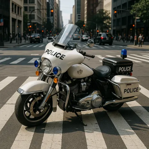 Police Motorcycle Parked on a Pedestrian Crosswalk near a Busy