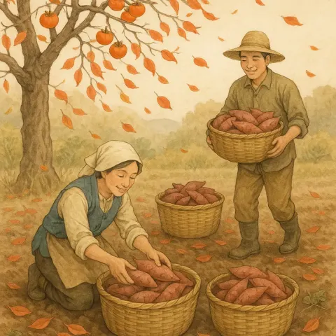 Farmers Collecting Baskets Filled with Freshly Harvested Sweet Potatoes