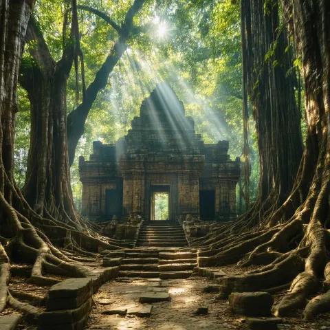 Temple Nestled in Enormous Sunlit Oak Roots