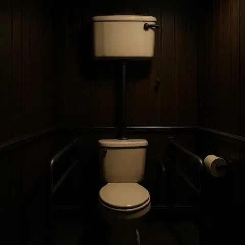 Dimly Lit Bathroom with Dark Wood-paneled Walls